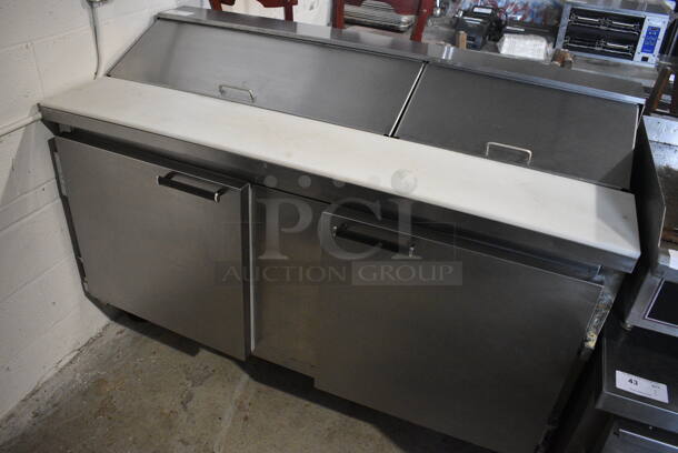 Beverage Air Stainless Steel Commercial Sandwich Salad Prep Table Bain Marie Mega Top w/ Various Drop In Bins and Cutting Board on Commercial Casters. 115 Volts, 1 Phase. 60x27.5x41. Tested and Powers On But Temps at 51 Degrees - Image 1 of 8