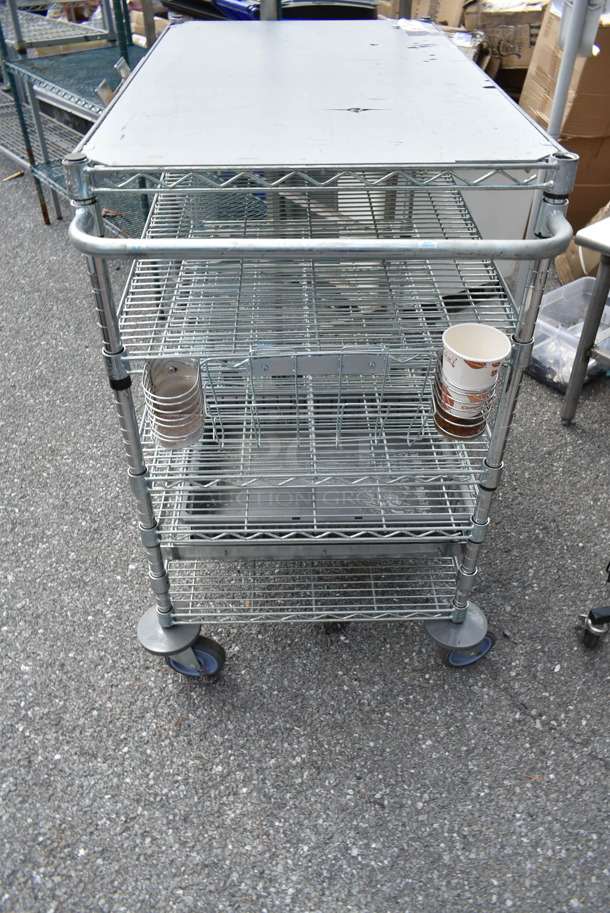 Chrome Finish 5 Tier Wire Shelving Unit on Commercial Casters.  - Image 3 of 6