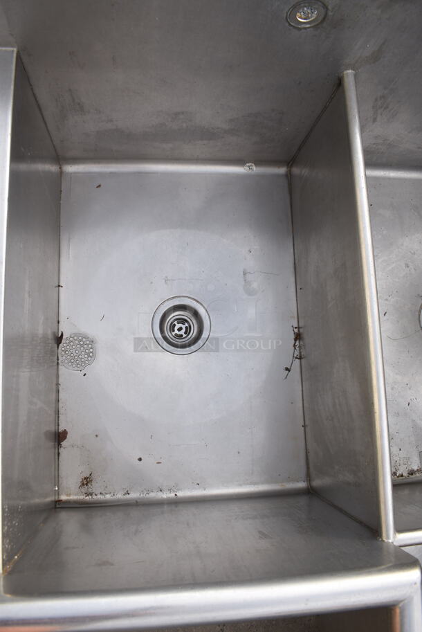 Stainless Steel Commercial L Shaped 3 Bay Sink w/ Dual Drain Board. No Legs. Bays 26x26x13, 18.5x21x13. Drain Boards 19.5x26 - Image 6 of 7