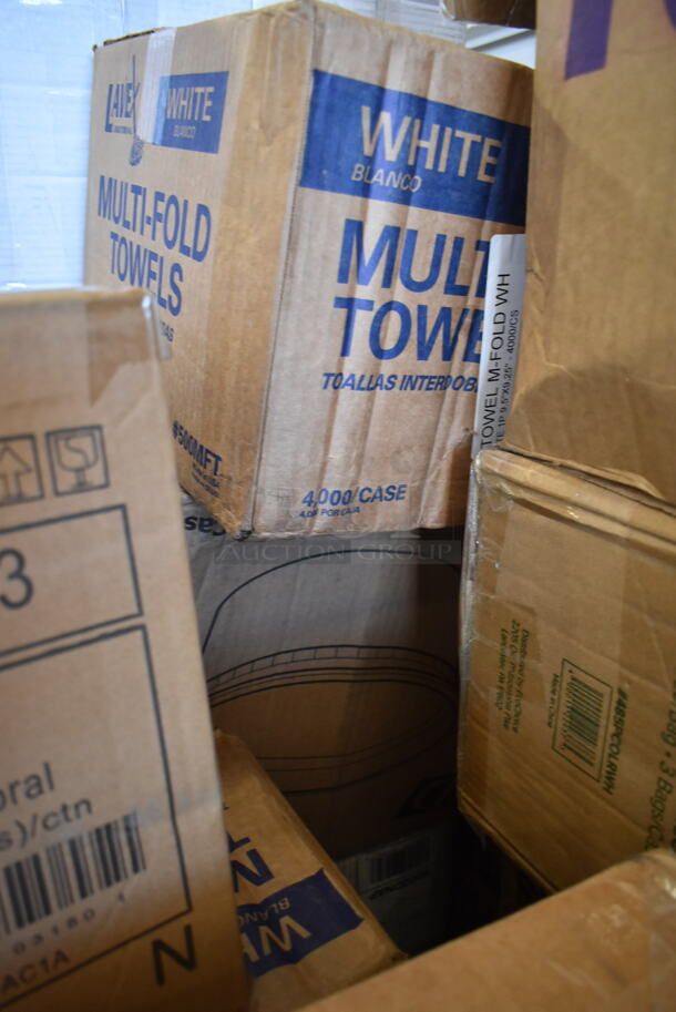 PALLET LOT of 35 BRAND NEW! Boxes Including 347RSG1 Choice 1 oz. Clear Plastic Shot Glass - 2500/Case, Lavex Multi-Fold Towels, GGC-023 Tuxton GGC-023 TuxTrendz Artisan Geode Coral 13 1/4" x 11" Oval China Platter - 12/Case, 5002CPTENAT Lavex 2-Ply Natural Kraft Center Pull Economy Paper Towel 510' Roll - 6/Case, 5002DNAP NAPKIN 15X16.53 2PLYWH 3M 5002DNAP CHOICE, 966TALLFLDN Choice Kraft Natural Tall-Fold 6" x 13" Dispenser Napkin - 8000/Case, Arcoroc Glasses, 3 Box Choice Black Hot Paper Cup Travel Lid with Hinged Tab for 10-24 oz. Standard Cups and 8 oz. Squat Cups - 1000/Case, HP1702623 Delfield 1702623 Gasket,Dr,400,Push-In, 105RR01084 Point Plus 3 1/4" x 243' Traditional Cash Register POS Paper Roll Tape - 48/Case, 433CARRIER4 Pulp Fiber 4 Cup Carrier - 300/Case. 35 Times Your Bid! - Image 6 of 7