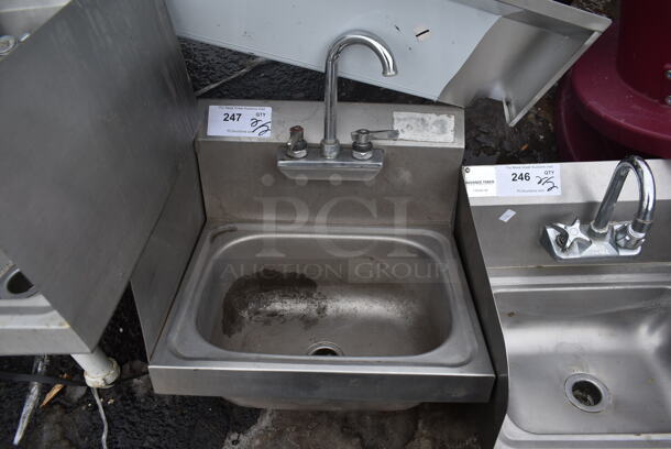 Stainless Steel Commercial Single Bay Wall Mount Sink w/ Faucet, Handles and Side Splash Guard. 