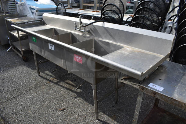 Stainless Steel Commercial 3 Bay Sink w/ Dual Drain Boards and Handles. 98x27x40. Bays 20x20x12. Drain Boards 19x24x1