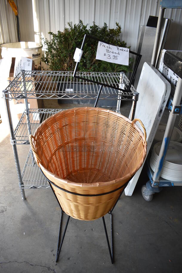 Black Metal Floor Style Stand w/ Basket. 18x22x45