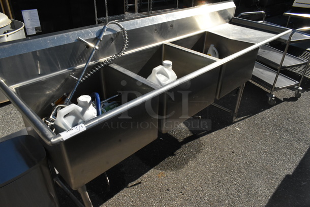 Stainless Steel Commercial 3 Bay Sink w/ Faucet, Handles, Spray Nozzle Attachment and Right Side Drain Board. Bays 24x24x14. Drain Board 22.5x26