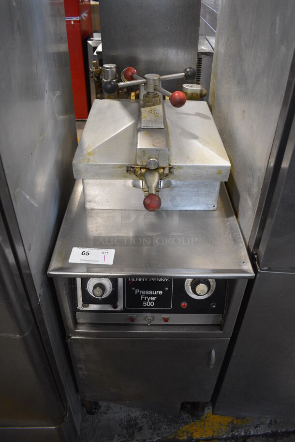 Henny Penny 500 Stainless Steel Commercial Floor Style Electric Powered Pressure Fryer on Commercial Casters. 220 Volts, 3 Phase. 18x38x62