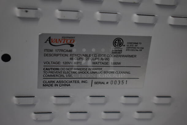 Avantco 177RCA46 Metal Countertop Rice Cooker. 120 Volts, 1 Phase. Tested and Working! - Image 9 of 9