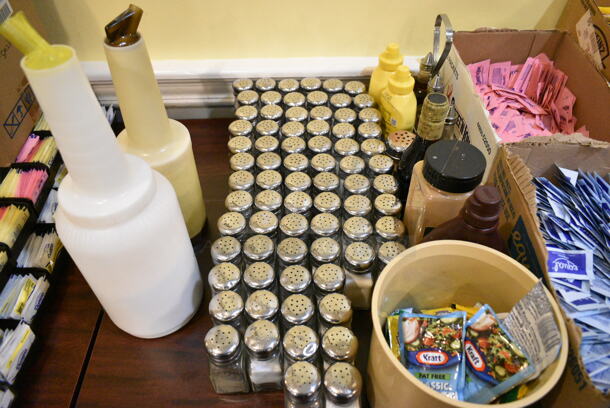 Wood Pattern Dining Height Table w/ Contents Including Sugar Packets, Salt and Pepper Shakers. (main dining room) - Image 4 of 4