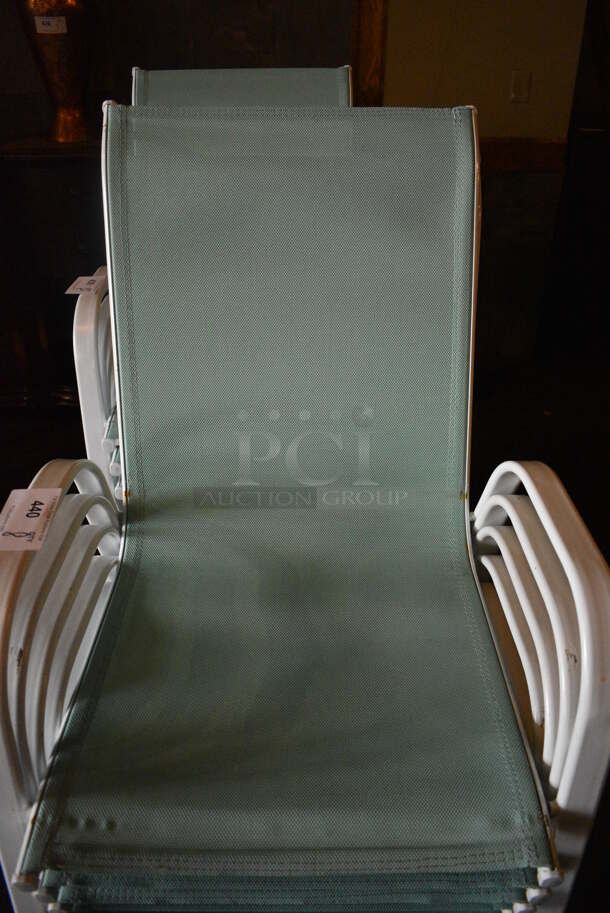 8 Metal White Outdoor Chairs w/ Teal Seat and Arm Rests. BUYER MUST REMOVE. 22x27x37. 8 Times Your Bid! (Susquehanna Ale House) - Image 4 of 4