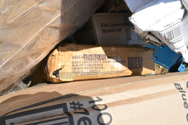 25 BRAND NEW Boxes Including Dart 60HT1 White Foam Hinged Lid Container 6" x 6" x 3" - 500/Case, 760PCC20 20 oz. Compostable PLA Paper Cold Cup, 200HD25-EO Choice 1/6 Standard Size Black Unprinted Embossed Heavy-Duty Plastic T-Shirt Bag, Gill BASE00151, 347TNYMRG2 Visions 2 oz. Clear Plastic Mini Margarita Glass - 120/Case. 25 Times Your Bid!  - Image 11 of 12