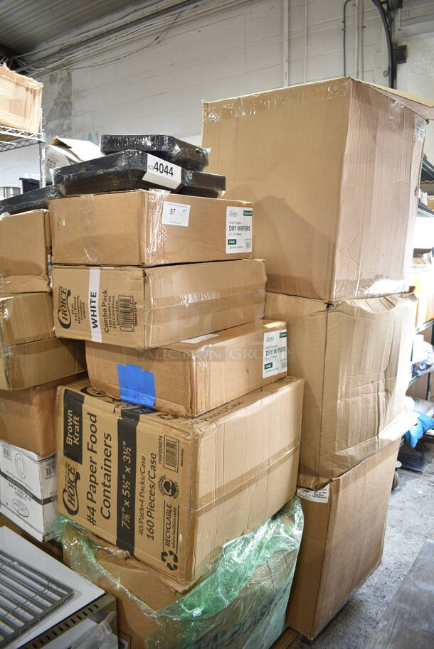PALLET LOT of 24 BRAND NEW Boxes Including BWK PRTN1TS Boardwalk Portion Cups, 303BWNRP9 Acopa 9 5/8" Bright White Narrow Rim Stoneware Plate - 24/Case, 347RPBD10WHG Visions 10" White Plastic Plate with Gold Bands - 120/Case, 129MCR50B Choice 43 oz. Black Round Microwavable Heavy Weight Container with Lid 9" - 150/Case, 36921003 Carlisle 36921003 Trimline Black Slim Trash Can Dolly, 248WIPERCPDR Noble Products Disposable Center Pull Dry Wipe Refill - 180 Sheets per Roll - 6/Case, 129MCR24W Choice 24 oz. White 7 1/4" Round Microwavable Heavy Weight Container with Lid - 150/Case, 795PTOKFT4 Choice Kraft Microwavable Folded Paper #4 Take-Out Container 7 3/4" x 5 1/2" x 3 1/2" - 160/Case, 18218X5HD Berry AEP 1504454 18" x 5280' Heavy-Duty Miler Film with Serrated Blade, 50012W Choice 12 oz. White Poly Paper Hot Cup - 1000/Case, 16 fl oz PET Ring neck. 24 Times Your Bid! - Image 1 of 12