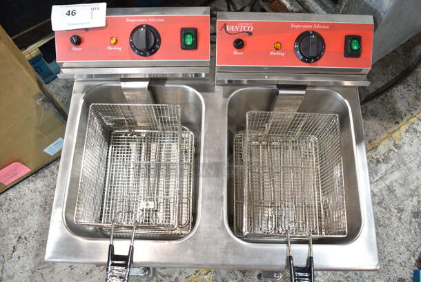 BRAND NEW SCRATCH AND DENT! 2023 Avantco 177F202 Stainless Steel Commercial Countertop Electric Powered 2 Bay Fryer w/ Lids and Metal Fry Baskets. 208-240 Volts, 1 Phase. Tested and Working!  - Image 4 of 7