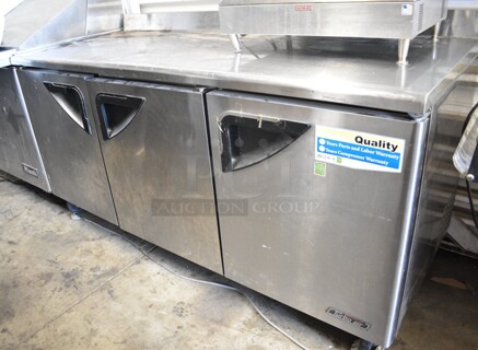 Turbo Air TWR-72SD Stainless Steel Commercial 3 Door Undercounter Cooler on Commercial Casters. 115 Volts, 1 Phase. Tested and Powers On But Does Not Get Cold