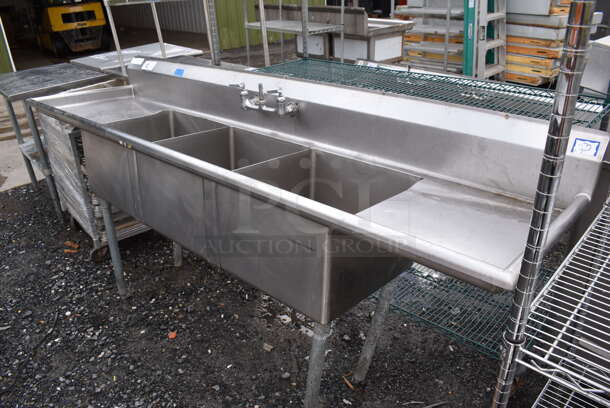 Stainless Steel Commercial 3 Bay Sink w/ Dual Drain Boards and Handles. 90x26x41. Bays 18x18x12. Drain Board 16x12x1 - Image 5 of 5