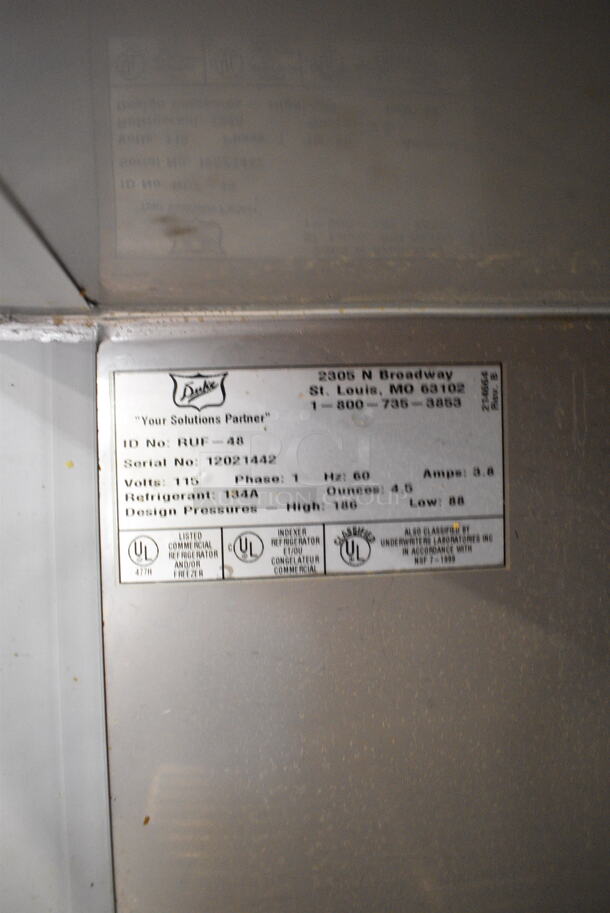 Duke RUF-48 Stainless Steel Commercial 2 Door Work Top Cooler w/ Nemco Vegetable Slicer on Mount. 120 Volts, 1 Phase. Tested and Working! - Image 7 of 9