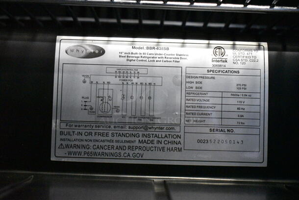 BRAND NEW SCRATCH AND DENT! Whynter BBR-838SB 15 inch Built-In 80 Can Undercounter Stainless Steel Beverage Refrigerator. 115 Volts, 1 Phase. Tested and Working! - Image 5 of 5