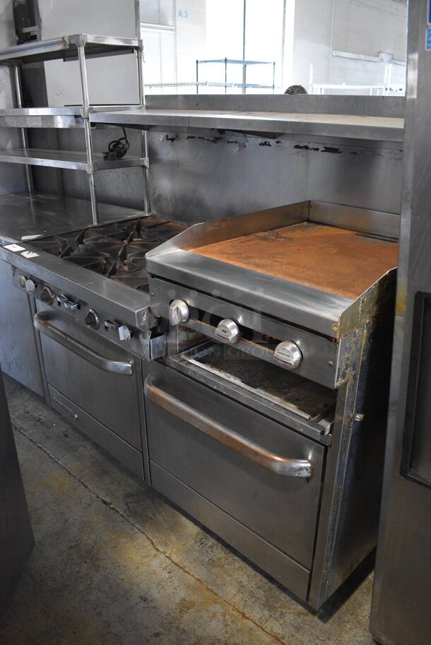 Southbend Model S60DD-2RR Stainless Steel Commercial Natural Gas Powered 6 Burner Range w/ Flat Top Griddle, 2 Ovens, Over Shelf and Back Splash on Commercial Casters. 61x34x59