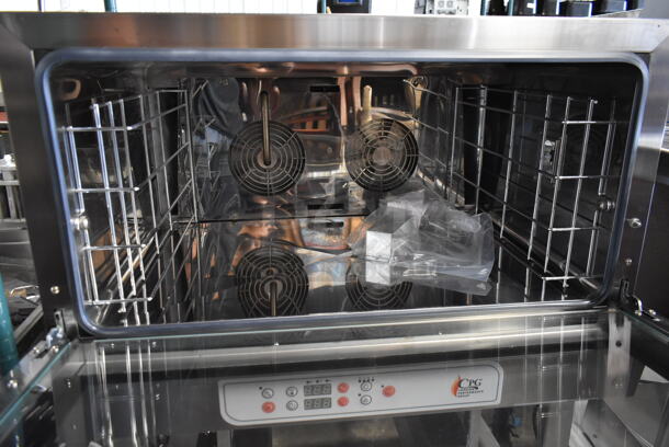 BRAND NEW SCRATCH AND DENT! Cooking Performance Group CPG B04DU.3-001 Stainless Steel Commercial Electric Powered Convection Oven w/ Pan Rack on Commercial Casters. 208-240 Volts, 1 Phase. - Image 7 of 9