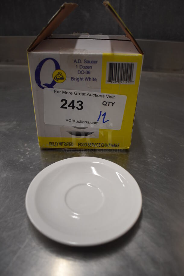 12 BRAND NEW IN BOX! Qualite White Ceramic Saucers. 5x5x0.75. 12 Times Your Bid!