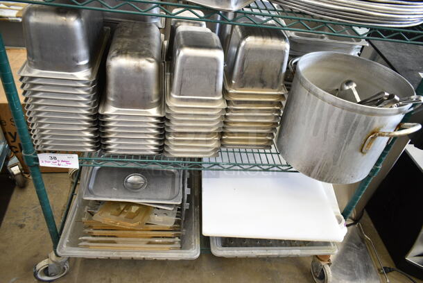 ALL ONE MONEY! Two Tier Lot of Various Items Including Stainless Steel Drop In Bins, Utensils, Metal Stock Pot and Cutting Boards - Image 1 of 12