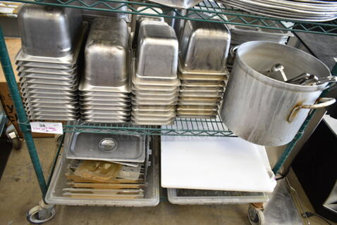ALL ONE MONEY! Two Tier Lot of Various Items Including Stainless Steel Drop In Bins, Utensils, Metal Stock Pot and Cutting Boards