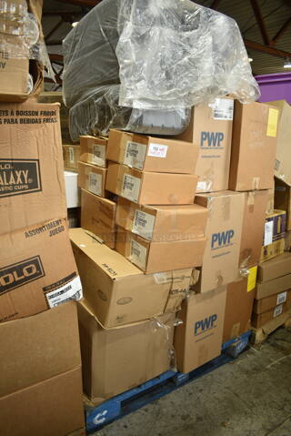 PALLET LOT of 30 BRAND NEW Boxes Including 3 Box Rubbermaid Q851-20 Dust Mops, LCTS-44 Lids, 6 Box 9789 Gunther Tooties, 3 Box PWP 11175 Tall Fluted Dome for Pie. 30 Times Your Bid! 