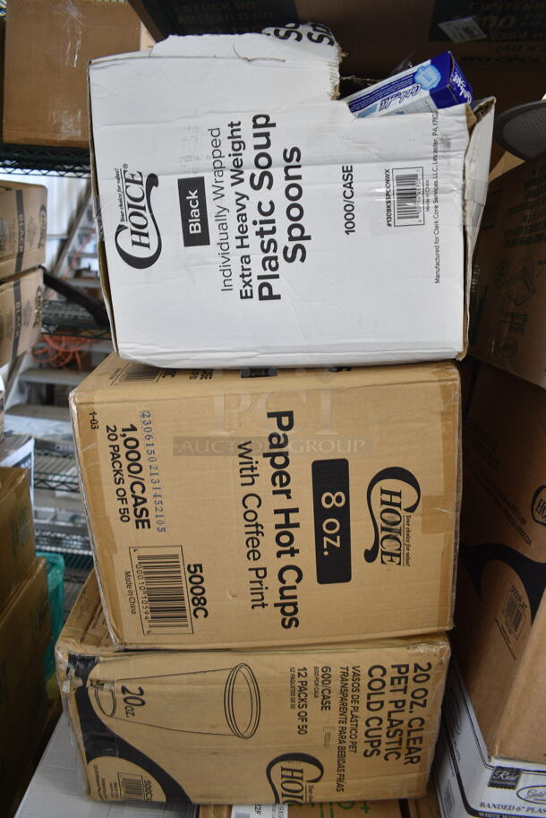PALLET LOT of 26 BRAND NEW Boxes Including 795KFT4PL4 EcoChoice 4 oz. Round Kraft Bio-Lined Compostable Take-Out Container 3" x 1 13/16" - 1000/Case, 500TO883 Choice 8" x 8" x 3" Microwaveable 1-Compartment Black / Clear Plastic Hinged Container - 100/Case, 347SPBD6WHRG Visions 6" Square White Plastic Plate with Rose Gold / Copper Bands - 120/Case, 500LFLAT Choice Clear Flat Lid with Straw Slot - 9, 12, 16, 20, and 24 oz. - 1000/Case. 56744A Compact Toilet Paper Dispenser, 130BKSSPOONWX Choice Black Extra Heavy Weight Wrapped Plastic Soup Spoon - 1000/Case, 5008C Choice 8 oz. Tall Coffee Print Poly Paper Hot Cup - 1000/Case, 500CC20 Choice Clear PET Customizable Plastic Cold Cup - 20 oz. - 600/Case, 5002DNAP Choice White 2-Ply Dinner Napkin 17" x 15" - 3000/Case, 2 Box 795KFT4PLA EcoChoice 4 oz. Round Kraft Bio-Lined Compostable Take-Out Container 3" x 1 13/16" - 1000/Case, 433NHT006 Choice Extra Large Size Grey "Thank You" Medium-Duty Plastic T-Shirt Bag - 450/Case, 346WKFSNSPM Choice White Medium Weight Wrapped Plastic Cutlery Pack with Napkin and Salt / Pepper Packets - 500/Case, 2 Box Dispenser Napkins, 760IC08W Choice 8 oz. White Paper Frozen Yogurt / Food Cup - 1000/Case. 26 Times Your Bid! - Image 10 of 12