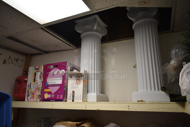 ALL ONE MONEY! ROOM LOT of Various items Including Shelving, Decorations, Bins and Decorative Columns. BUYER MUST REMOVE. (ballroom hallway) - Image 7 of 11