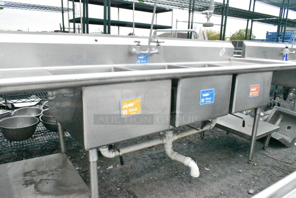 Stainless Steel Commercial 3 Bay Sink w/ Dual Drain Boards, Under Shelf, Faucet, Handles and Spray Nozzle Attachment. Bays 20x28x12. Drain Board 18x30 - Image 2 of 12