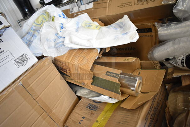 PALLET LOT of 35 BRAND NEW Boxes Including 130WSPOONWP Choice Individually Wrapped Medium Weight White Plastic Teaspoon - 1000/Case, 966TALLFLDN Choice Kraft Natural Tall-Fold 6" x 13" Dispenser Napkin - 8000/Case, World 506791, 500TW12 Choice 12 oz. Translucent Thin Wall Plastic Cold Cup - 1000/Case, 500TO993 Choice 9" x 9" x 3" Microwavable 1-Compartment Black / Clear Plastic Hinged Container - 100/Case, Genpak 12 oz Hinged Deli Containers, 176BD3BK2 Choice 3 Gallon Black Slim Beverage / Juice Dispenser, 347TCL10 Choice 10 oz. Clear Disposable Plastic Tumbler - 500/Case, Two 6126050 Choice Full Size Foil Steam Table Pan Deep 3 3/8" Depth - Full Size Deep - 50/Case. 35 Times Your Bid! - Image 2 of 8