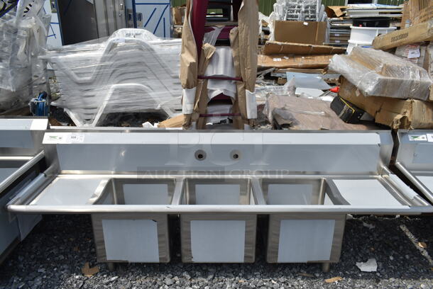 BRAND NEW SCRATCH AND DENT! Regency 600S31515215 79" 16-Gauge Stainless Steel Three Compartment Commercial Sink with Galvanized Steel Legs and 2 Drainboards - 15" x 15" x 12" Bowls. No Legs.  - Image 2 of 5