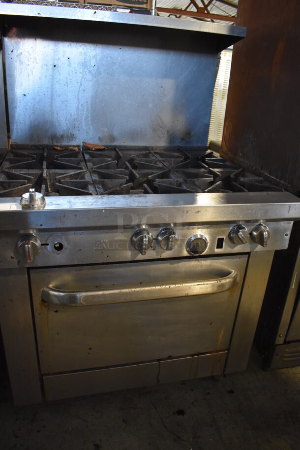 Southbend Stainless Steel Commercial Natural Gas Powered 6 Burner Range w/ Oven, Over Shelf and Back Splash. 36.5x34x59 - Image 4 of 6