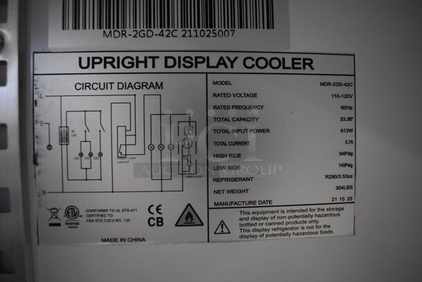 BRAND NEW SCRATCH AND DENT! KoolMore MDR-2GD-42C Metal Commercial 2 Door Reach In Cooler Merchandiser w/ Poly Coated Racks. Right Top Door Hinge Is Broken. 115 Volts, 1 Phase. 47x29x80. Tested and Working! - Image 4 of 7