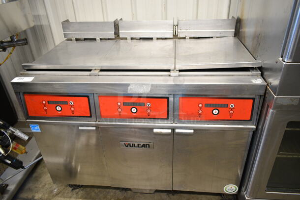 Vulcan 3ER50DF Stainless Steel Commercial Floor Style Electric Powered 3 Bay Deep Fat Fryer on Commercial Casters. 480 Volts, 3 Phase.  - Image 1 of 11