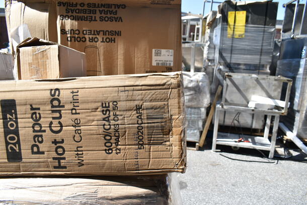 PALLET LOT of 24 BRAND NEW Boxes Including Dart 16J16 16 oz. White Customizable Foam Cup - 1000/Case, Dart 99HT1R 10" x 5 1/4" x 3" White Foam Hoagie Take Out Container with Perforated Hinged Lid - 500/Case, 50020CAFE Choice 20 oz. Café Print Poly Paper Hot Cup - 600/Case, 129MCS24B Choice 24 oz. Black Rectangular Microwavable Heavy Weight Container with Lid 8" x 5 1/4" x 2" - 150/Case, 966TALLFLDB Choice White Tall-Fold 6" x 13" Dispenser Napkin - 8000/Case, 303A45BWRAMF Acopa 4.5 oz. Bright White Fluted Porcelain Ramekin - 48/Case, 788410277WH Hoffmaster 410277 14" x 19" White Embossed Traymat with Scalloped Edge - 1000/Case, 500MFT Lavex White M-Fold (Multifold) Towel - 4000/Case, 999PTOKFT8 Kraft Microwavable Folded Paper. 24 Times Your Bid!  - Image 5 of 12
