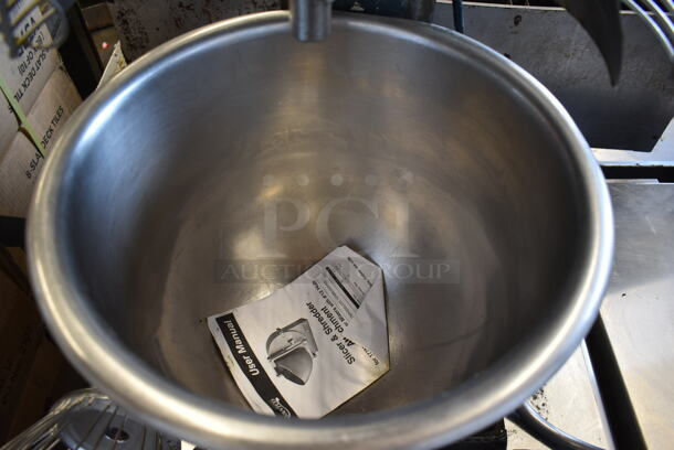 Avantco MX20 Metal Commercial Countertop 20 Quart Planetary Dough Mixer w/ Stainless Steel Mixing Bowl, Bowl Guard, Dough Hook, Grinder Tray, Paddle, Whisk Attachments on Stainless Steel Equipment Stand w/ Commercial Casters. 110 Volts, 1 Phase. Tested and Working! - Image 11 of 12