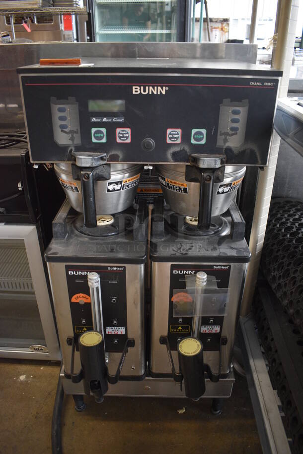 Bunn Model DUAL SH DBC Stainless Steel Commercial Countertop Coffee Machine w/ 2 Satellite Servers and 2 Metal Brew Baskets. 120/208-240 Volts, 1 Phase. 18x22x36