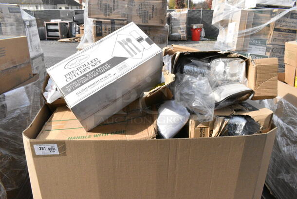 15 BRAND NEW Boxes Including 130ROLLKFSSH Visions 18" x 15 1/2" Pre-Rolled Linen-Feel White Napkin and Hammersmith Heavy Weight Silver Plastic Cutlery Set - 100/Case, Dart Clear Hinged Lid Containers. 15 Times Your Bid!  - Image 2 of 5