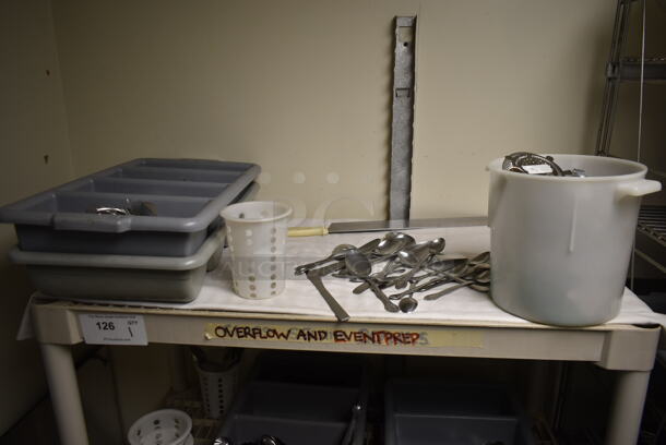 Tan Poly 4 Tier Shelving Unit w/ Contents Including Utensils. BUYER MUST REMOVE: BUYER MUST DISMANTLE. PCI CANNOT DISMANTLE FOR SHIPPING. PLEASE CONSIDER FREIGHT CHARGES. (dish room) - Image 7 of 7