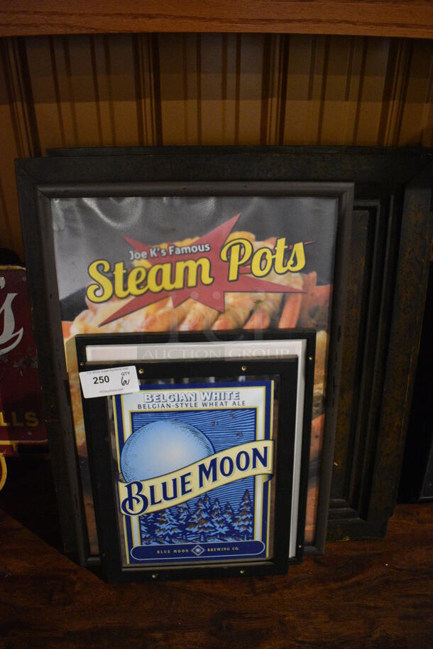 6 Various Pictures Including Blue Moon, Joe K's Steam Pots and Flowers. Includes 28x2x32.5. 6 Times Your Bid! (bar)
