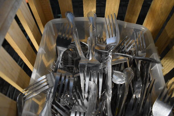 ALL ONE MONEY! Lot of Various Metal Silverware in Clear Poly Bin and Wooden Crate! 15x10.5x9.5 - Image 4 of 4