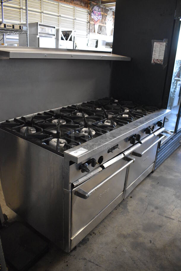 Garland SunFire Stainless Steel Commercial Natural Gas Powered 10 Burner Range w/ 2 Ovens, Over Shelf and Back Splash on Commercial Casters. 59x34x56 - Image 3 of 6