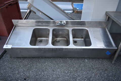 Stainless Steel Commercial 3 Bay Back Bar Sink w/ Dual Drain Boards and Handles. No Legs. Bays 10x14. Drain Boards 12x16