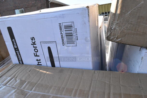 26 BRAND NEW Boxes Including 2 Box 795PLAKFT4 EcoChoice 7 7/8" x 5 1/2" x 3 1/2" Kraft PLA Lined Compostable #4 Take-Out Container - 160/Case, 127P400C 4 oz. Clear Plastic Souffle Cup / Portion Cup, 500CC32P Choice Clear PET Plastic Cold Cup - 32 oz. - 500/Case, 500CC32PHD Choice Heavy Duty 32 oz. Pedestal Heavy Weight Clear PET Plastic Cold Cup - 500/Case, 2 Box 760SOUP8KPA Choice 8 oz. Kraft Poly-Coated Paper Food Cup with Vented Paper Lid - 250/Case, 130WBKFORKH Choice Black Heavy Weight Wrapped Plastic Fork - 1000/Case, 127P400C Choice 4 oz. Clear Plastic Souffle Cup / Portion Cup - 2500/Case, 966TALLFLDN Choice Kraft Natural Tall-Fold 6" x 13" Dispenser Napkin - 8000/Case, 760SOUP3KPA Choice 32 oz. Kraft Poly-Coated Paper Food Cup with Vented Paper Lid, 433NHT101 Choice 1/6 Standard Size White "Thank You" Standard-Duty Plastic T-Shirt Bag - 700/Case, 130BKFKSX500 Choice Black Extra Heavy Weight Wrapped Plastic Cutlery Pack - 500/Case, 130WBKFORKH Choice Black Heavy Weight Wrapped Plastic Fork - 1000/Case, 128HD8COMBO Choice Heavy Duty 8 oz. Microwavable Translucent Plastic Deli Container and Lid Combo Pack, 130WHSPOONWX Choice White Extra Heavy Weight Wrapped Plastic Teaspoon - 1000/Case. 26 Times Your Bid!  - Image 9 of 12