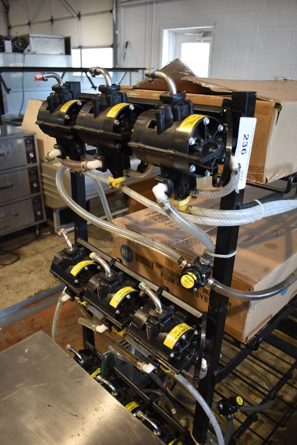 ALL ONE MONEY! Lot of 8 Soda Pumps on Black Metal Soda Rack! 46x19x56 - Image 2 of 5