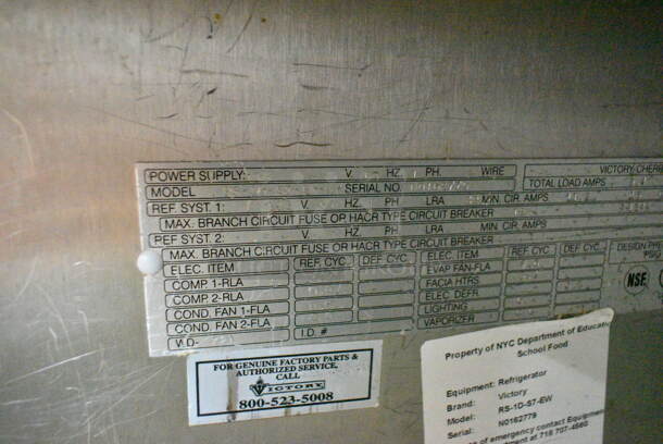 Victory RS-1D-S7-EW Stainless Steel Commercial Single Door Reach In Cooler. 115 Volts, 1 Phase. Tested and Working! - Image 4 of 5