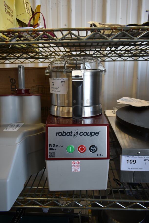 BRAND NEW SCRATCH AND DENT! Robot Coupe R 2 Dice Ultra Metal Commercial Countertop Food Processor w/ Bowl, Lid, Grater Blade, Slicer Blade, S Blade and D Clean Kit. 120 Volts, 1 Phase. Tested and Working! - Image 2 of 10