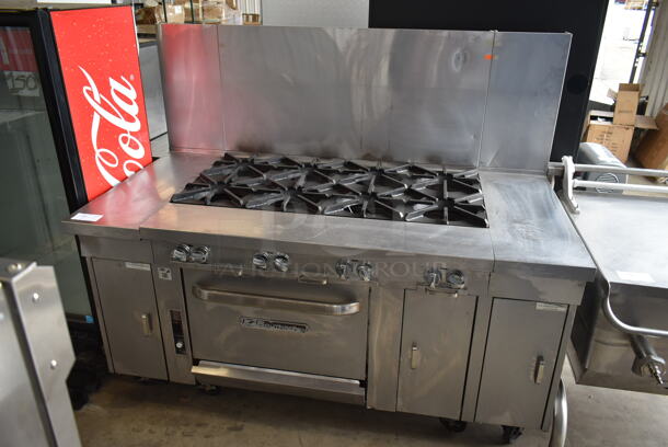Southbend P48A-BBBB Stainless Steel Commercial Natural Gas Powered 8 Burner Range w/ Convection Oven, Side Counters and Back Splash.  - Image 1 of 12