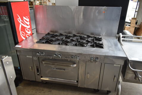 Southbend P48A-BBBB Stainless Steel Commercial Natural Gas Powered 8 Burner Range w/ Convection Oven, Side Counters and Back Splash. 