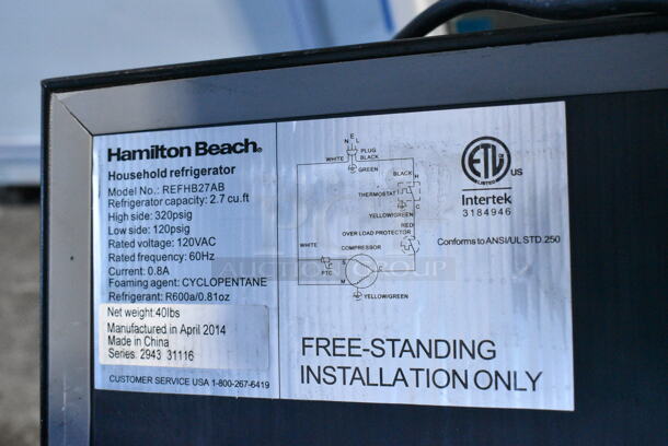 Hamilton Beach REFHB27AB Metal Mini Cooler. 115 Volts, 1 Phase. Tested and Powers On But Does Not Get Cold - Image 6 of 6