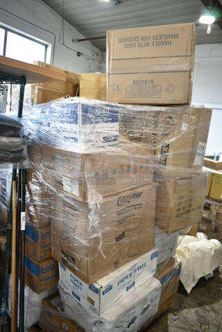 PALLET LOT of 43 BRAND NEW Boxes Including 500AL301BALL Ball 9 oz. Customizable Aluminum Cup with Ball Logo Design - 645/Case, 394325L Noble NexGen Powder-Free Disposable Blue Hybrid 3 Mil Thick Gloves - Large - 1000/Case, 128HD32COMBO ChoiceHD 32 oz. Microwavable Translucent Plastic Deli Container and Lid Combo Pack - 240/Case, 130ROLLKFSSH Visions 18" x 15 1/2" Pre-Rolled Linen-Feel White Napkin and Hammersmith Heavy Weight Silver Plastic Cutlery Set - 100/Case, 128HD16BULK ChoiceHD 16 oz. Microwavable Translucent Plastic Deli Container - 480/Case, 2 Box 5001RT800B Lavex 8" White Hardwound Paper Towel, 800 Feet / Roll - 6/Case, 5001RTSELNAT Lavex Select 1-Ply Natural Kraft Paper Towel Roll, 665 Feet / Roll - 6/Case, Dart 85HTB1R 8" x 8" x 3" Black Foam Square Take Out Container with Perforated Hinged Lid, 50010CAFE Choice 10 oz. Cafe Print Poly Paper Hot Cup - 1000/Case, 407CPAN62A Choice 6" x 2" Round Straight-Sided Aluminum Cake Pan, 612527PCO Choice 7" Round Standard Weight Foil Take-Out Pan with Dome Lid, 561L850YL Creative Converting 013014 100' Mimosa Yellow Disposable Plastic Table Cover, 176BD5BR Choice 5 Gallon Brown Beverage / Juice Dispenser. 43 Times Your Bid! 